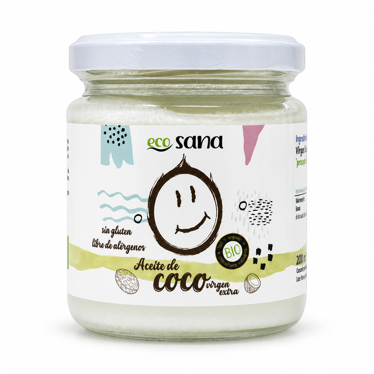 Aceite de Coco Vírgen Extra Bio 200 ml Ecosana — fondo blanco