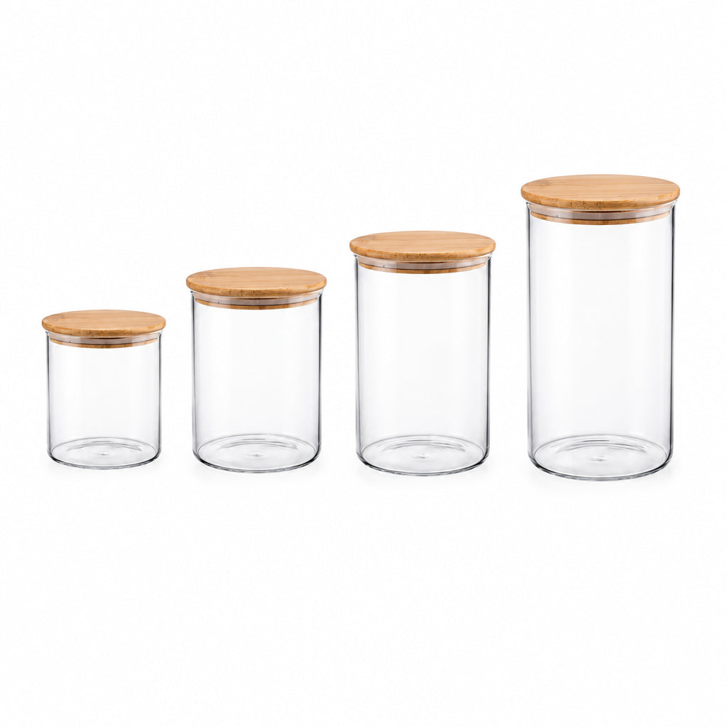 Set Frascos con Tapa Bambú Vidrio 4 Piezas