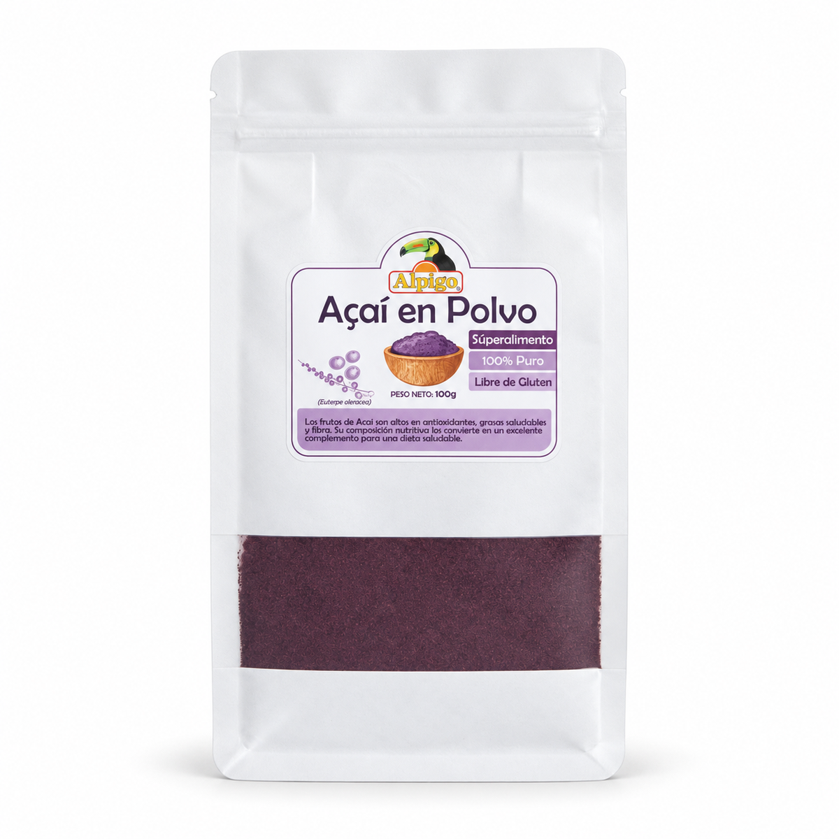 Açai Polvo Orgánico 100g Alpigo — fondo blanco