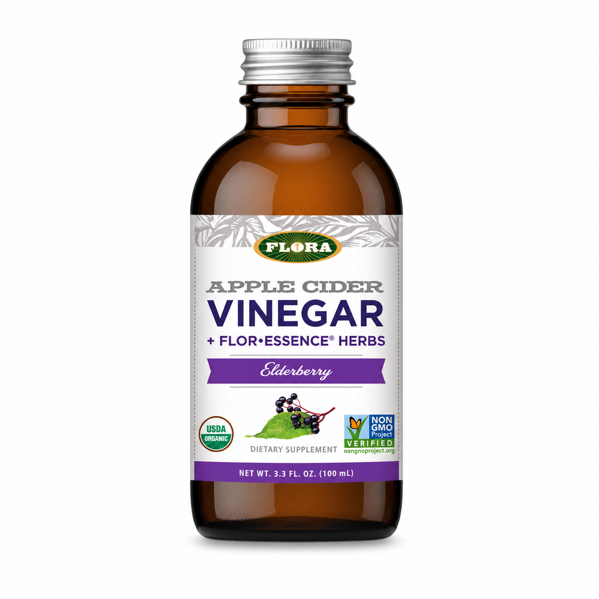 Flora - Shot de Vinagre de Sidra de Manzana & Elderberry (Saúco) — fondo blanco