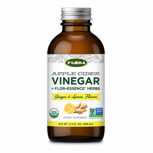 Flora - Shot de Vinagre de Sidra de Manzana, Jengibre & Limón — fondo blanco