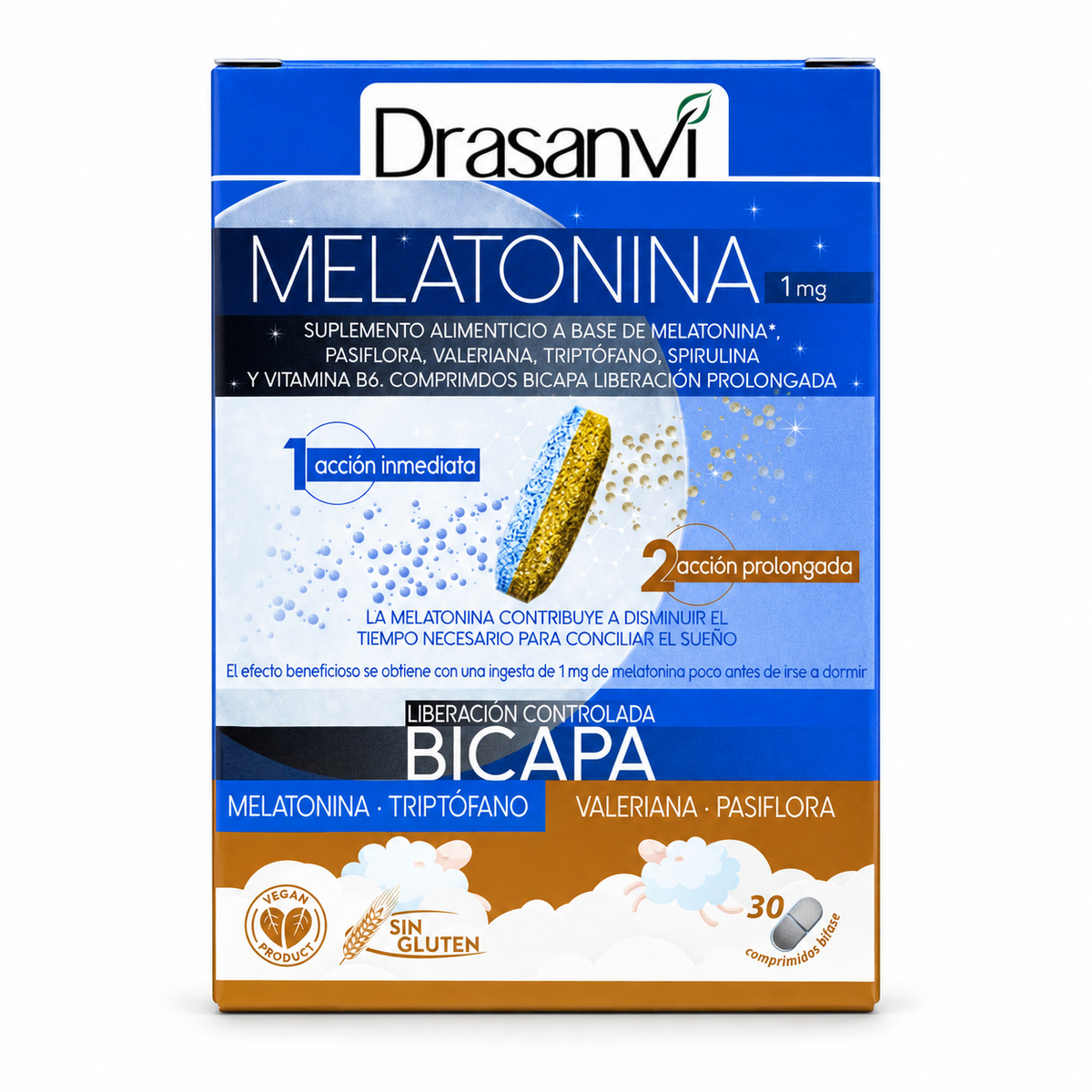 Melatonina Bicapa 30 Comprimidos Drasanvi — fondo blanco