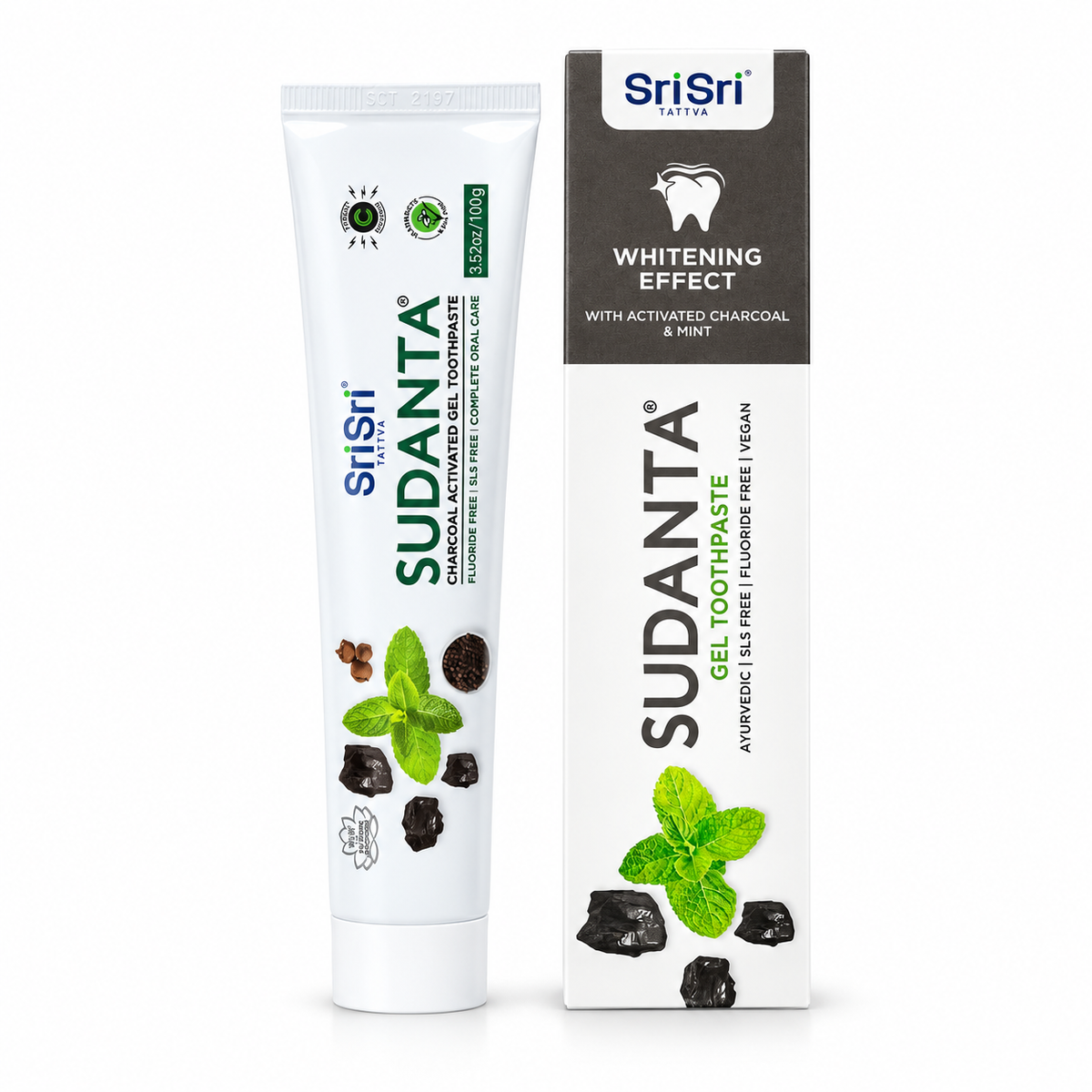 SriSri Tattva Sudanta - Pasta - Tootpaste Carbón Activado 100g — fondo blanco