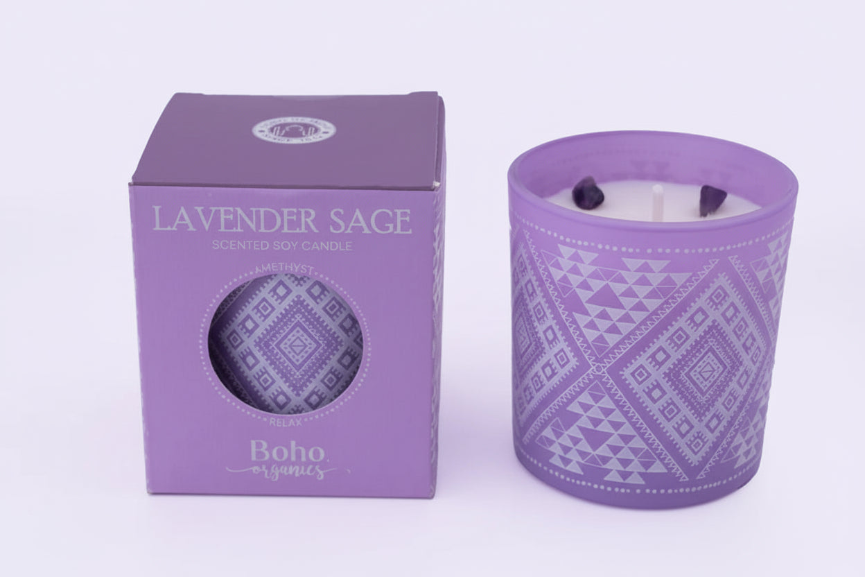 Vela Aromática Orgánica Boho 120 g con Piedras Energéticas