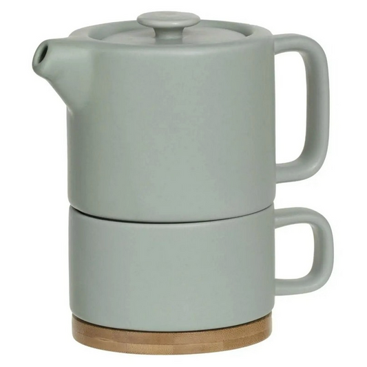 Tetera Loza-Bamboo + Taza Color Menta/ Taupe 400ml