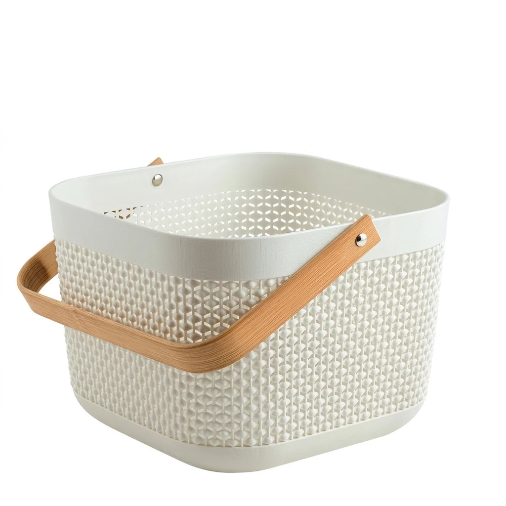 Canasta Plastica Blanca con Bamboo