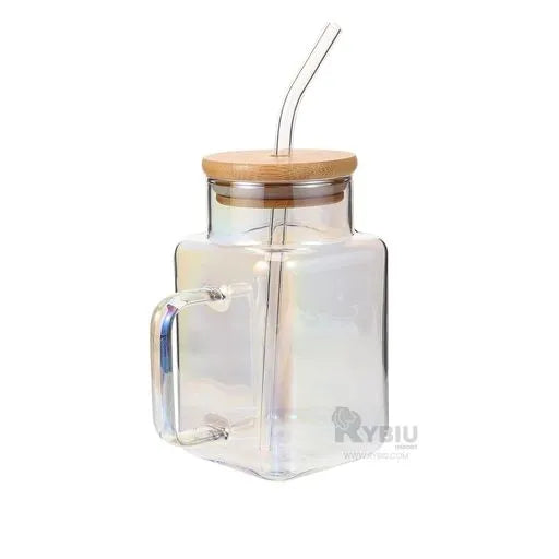 Botellita Vidrio Tapa Bamboo con Agarradera + Pajilla