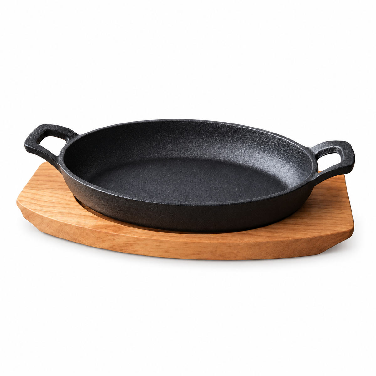 Bandeja ovalada de hierro de 17.5 por 12.5 cm con asas y base de madera.