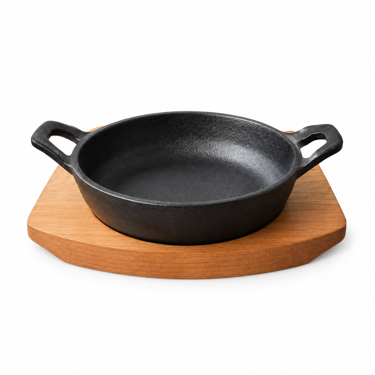 Bandeja redonda de hierro de 12 cm con dos asas y base de madera.