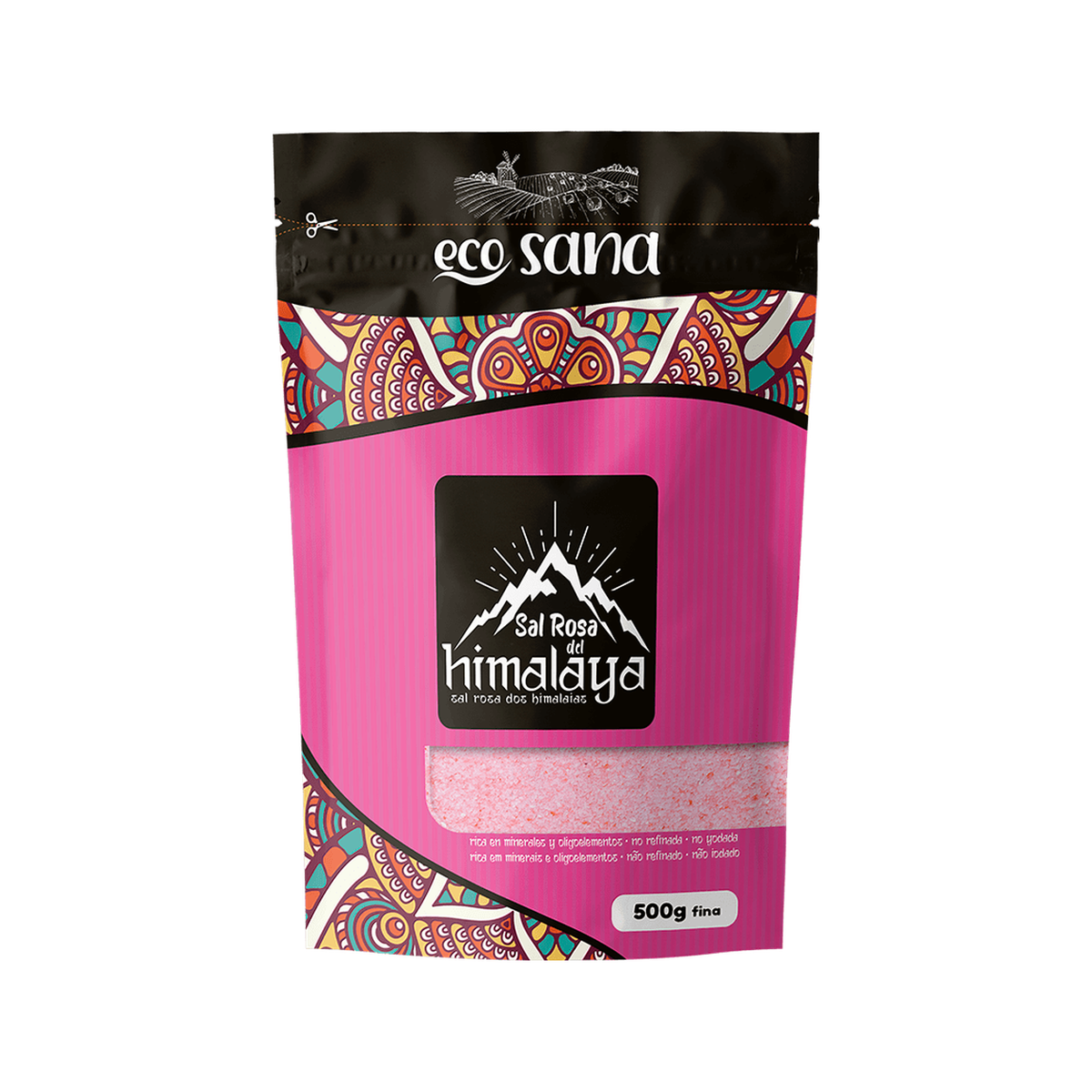 Sal Rosa del Himalaya Fina 500 g Ecosana — fondo blanco, encuadre uniforme