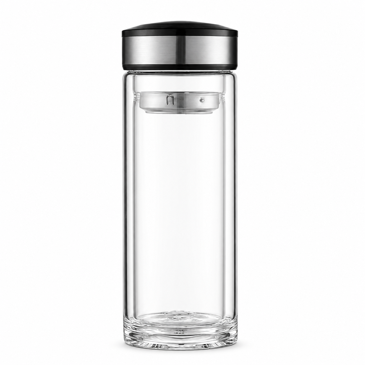 Botella infusora de vidrio de doble pared de 270 ml con tapa metálica y negra.