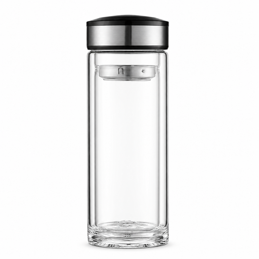 Botella infusora de vidrio de doble pared de 270 ml con tapa metálica y negra.