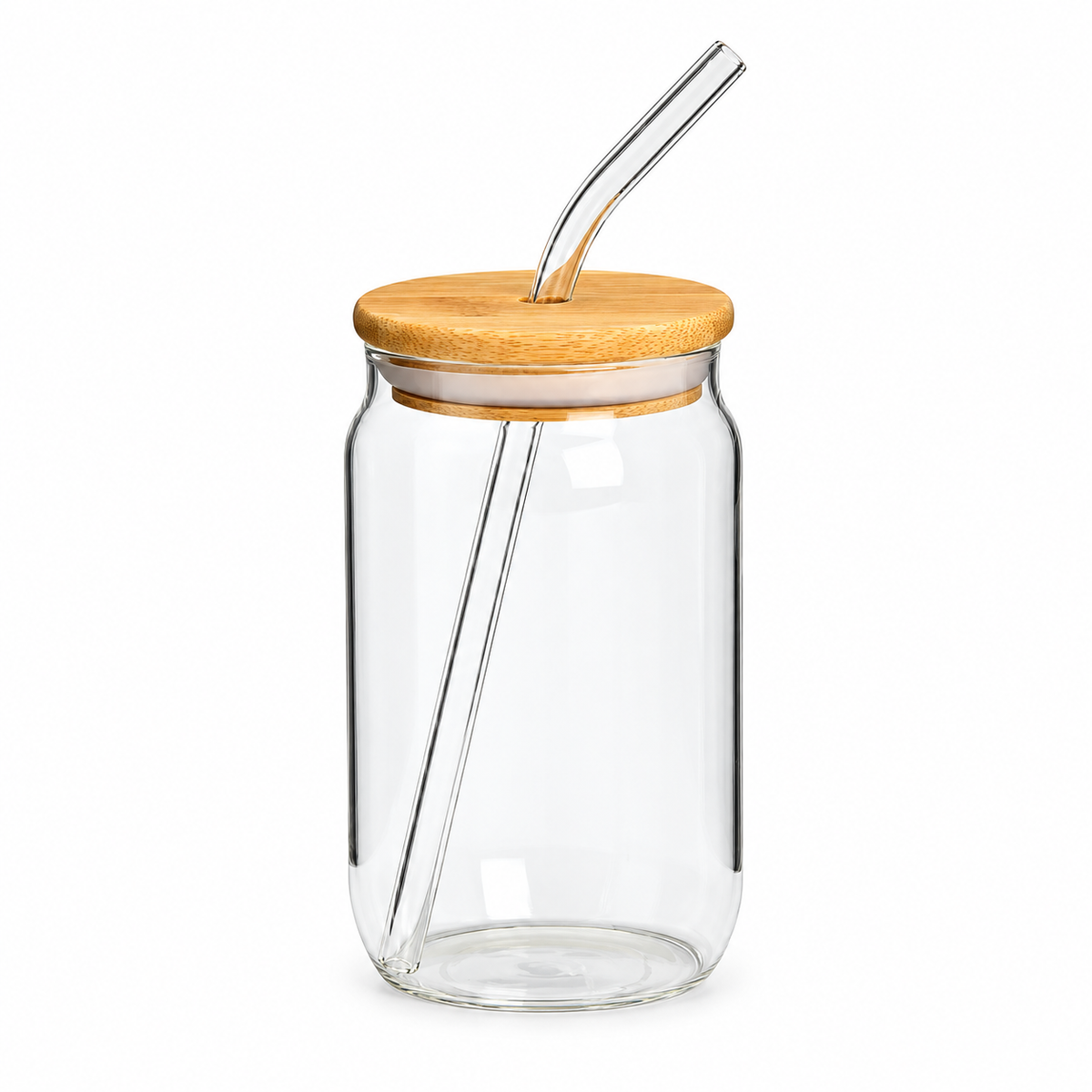 Botella Pequeña de Vidrio con Pajilla y Tapa de Bambú sobre fondo blanco.