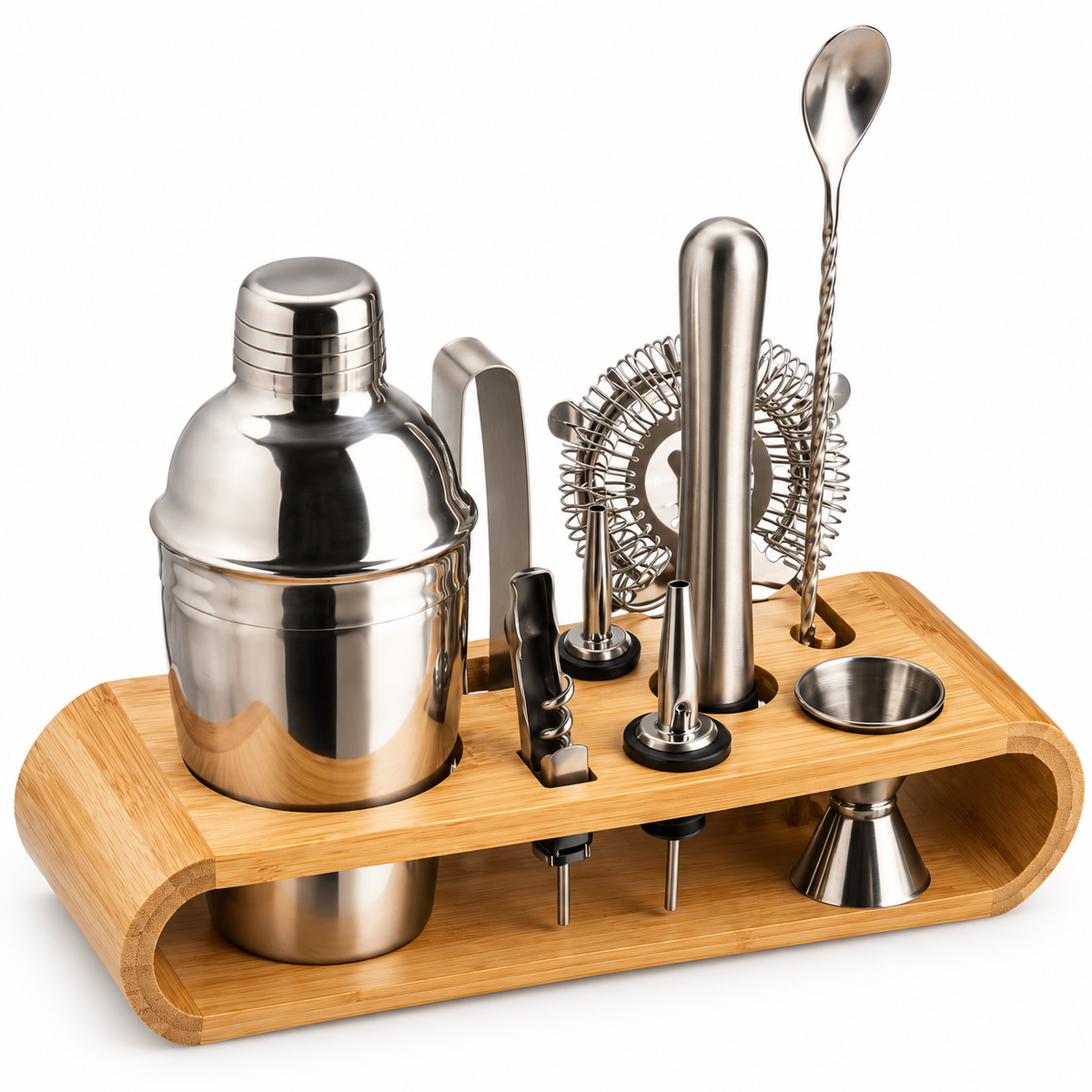 Set de coctelería Brookstone de 10 piezas de acero inoxidable con soporte de bambú sobre fondo blanco.