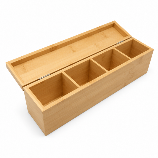 Caja Multiuso de Bambú para Té 32 × 7cm sobre fondo blanco.