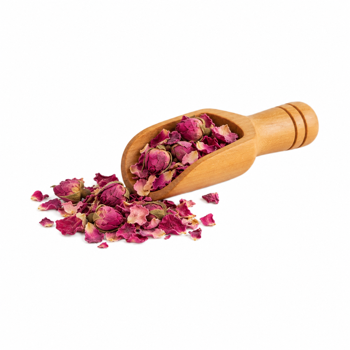 Capullitos y pétalos de rosa en cucharita de madera – presentación de 20 g