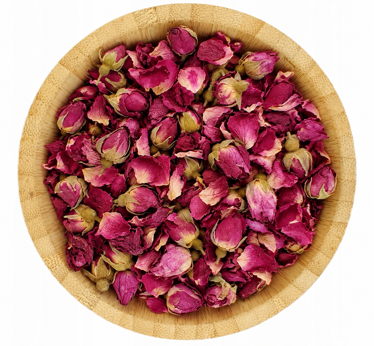 Capullitos y pétalos de rosa en tazón de bambú – presentación de 500 g