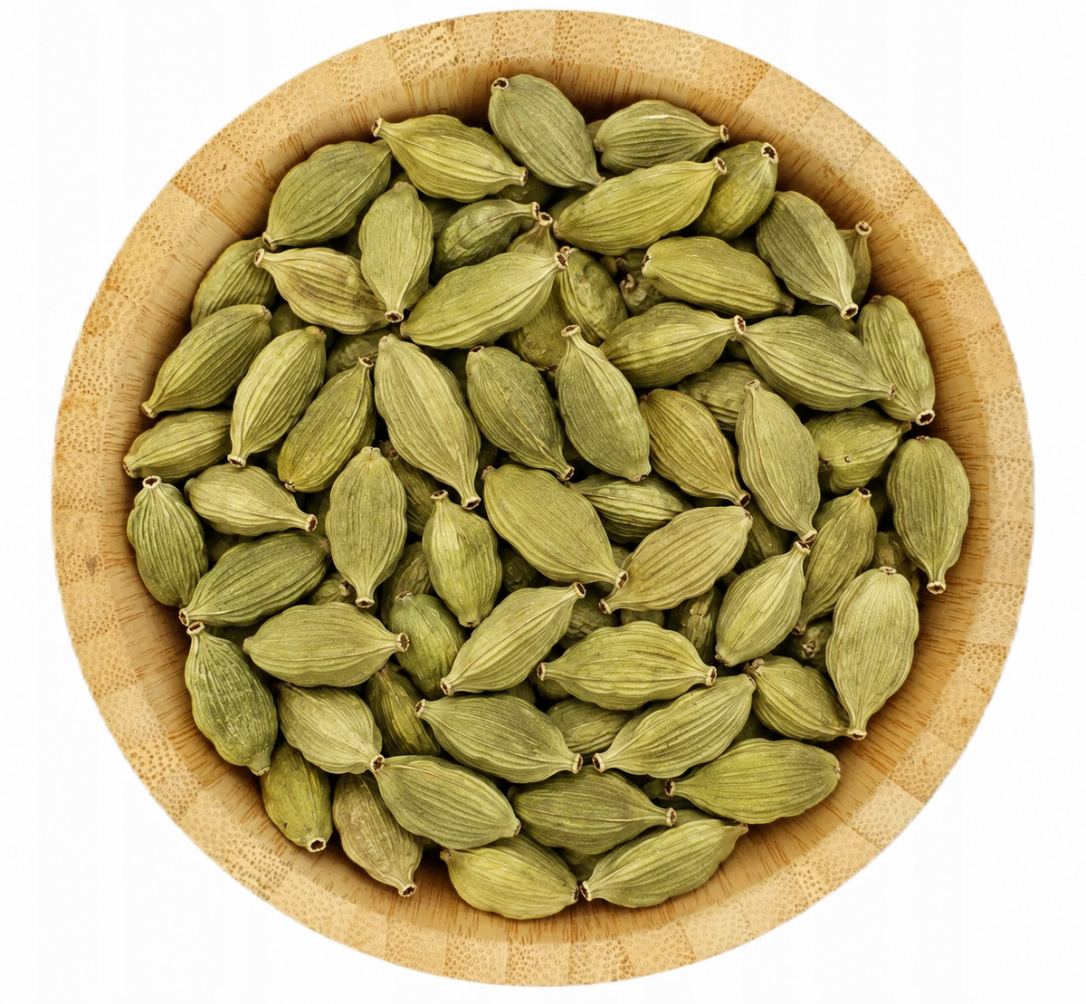 Cardamomo en vaina verde en tazón de bambú – presentaciones de 500 g y 1 kg