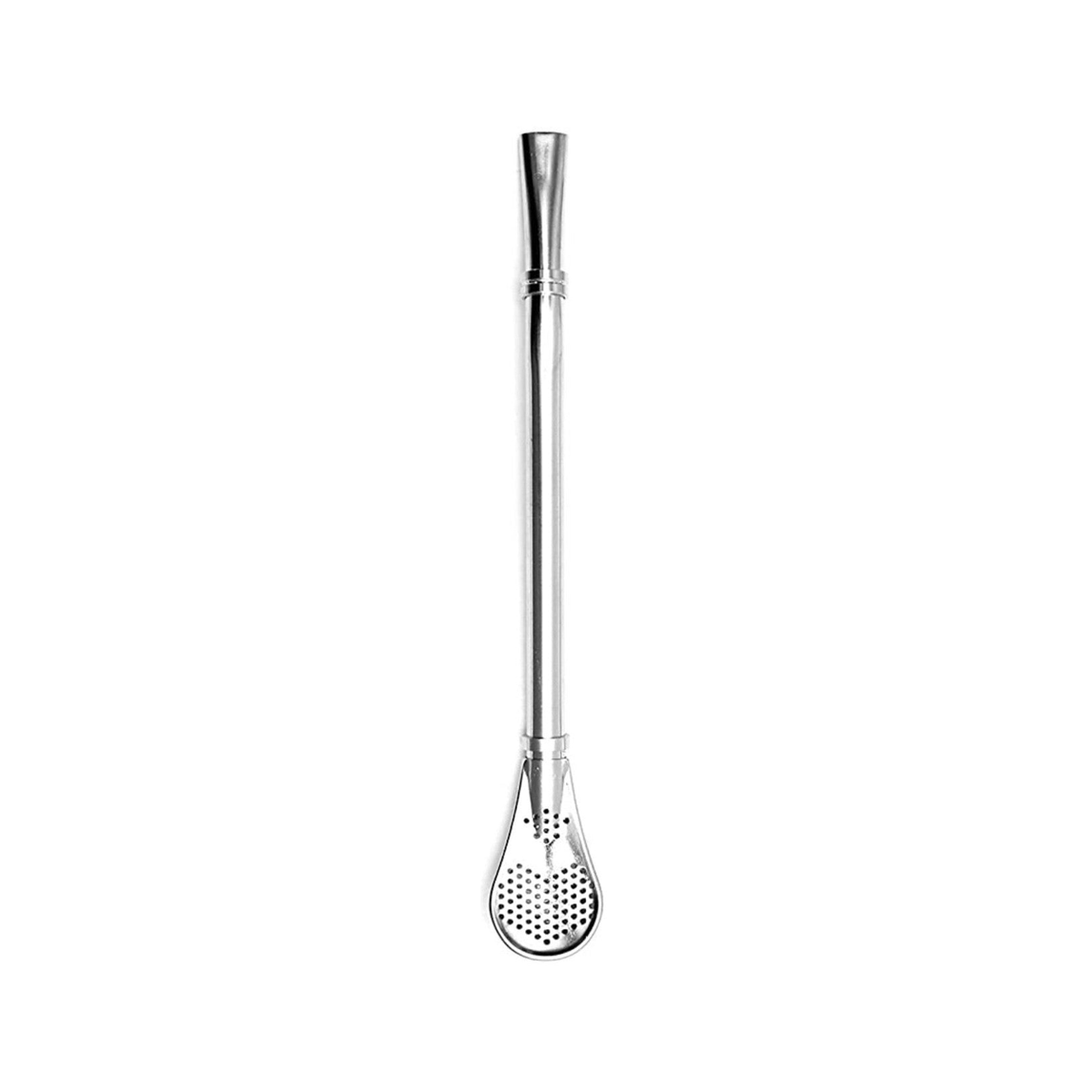 Una bombilla para yerba mate de acero inoxidable en acabado plateado, sobre fondo blanco.