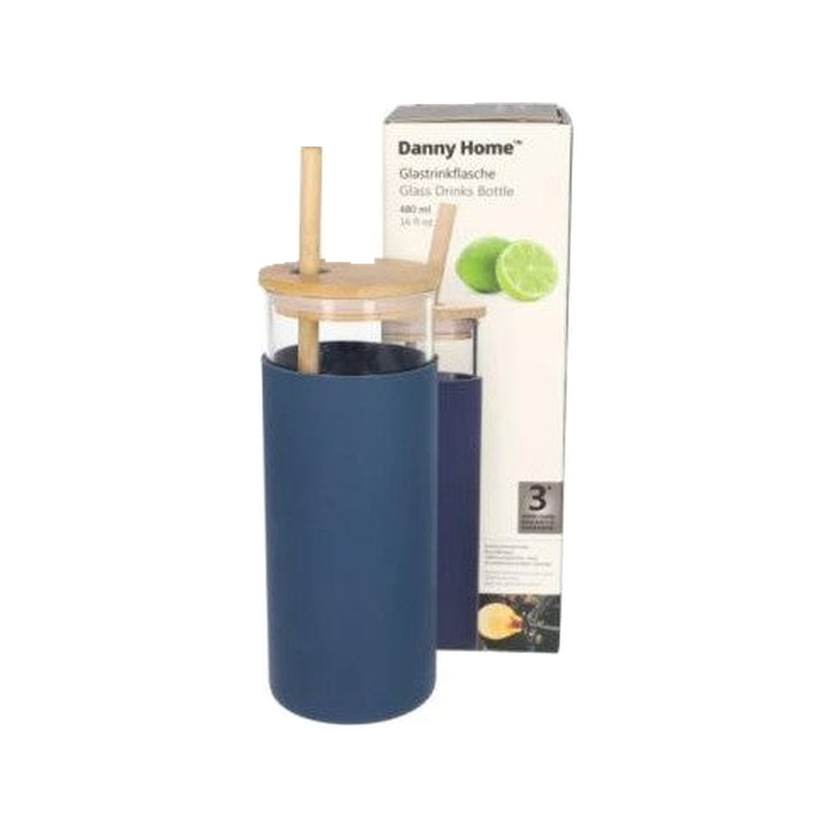 Botella de Vidrio con Pajilla y Tapa de Madera 480ml — fotografía del producto sobre fondo blanco.