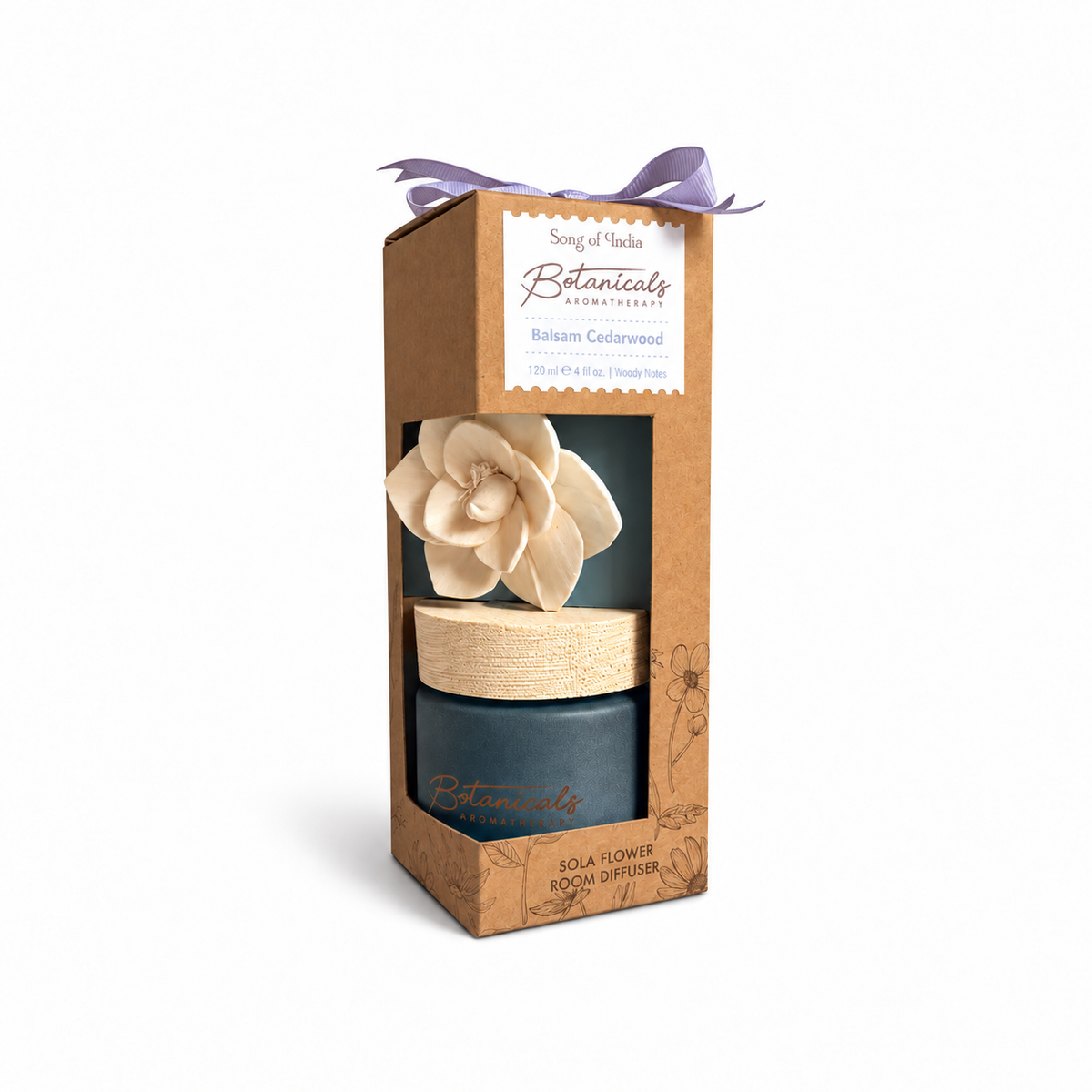Difusor Botanicals Balsam Cedarwood de 120 ml con flor de sola en su empaque