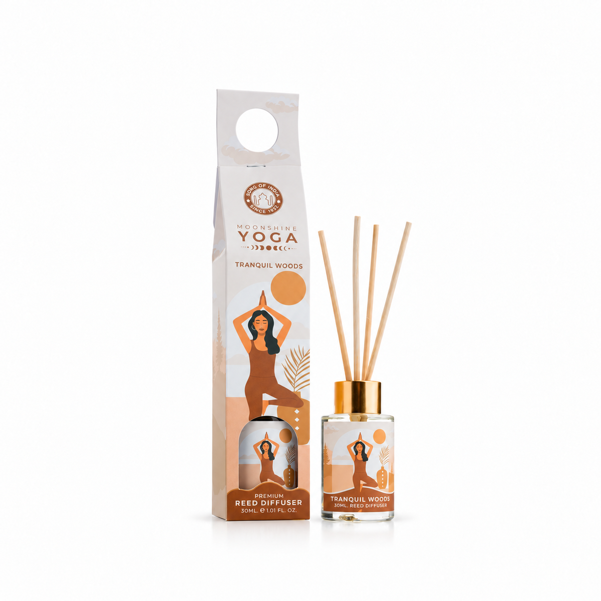 Difusor Yoga Tranquil Woods de 30 ml con cuatro varillas y su empaque