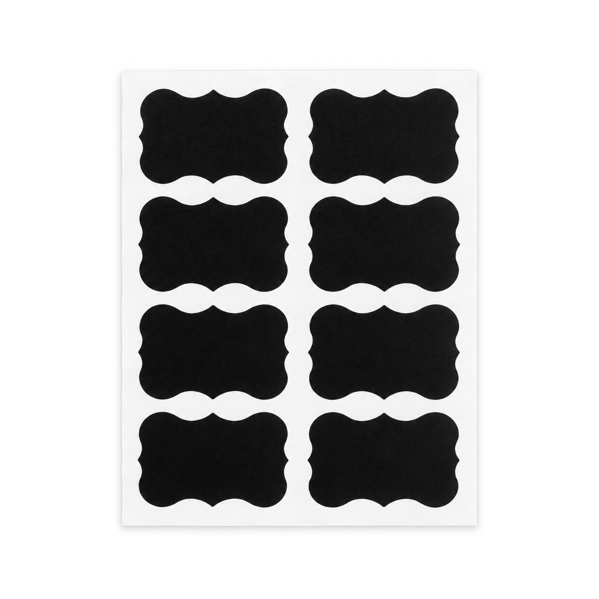 Una hoja con 8 etiquetas negras tipo pizarra, sobre fondo blanco.