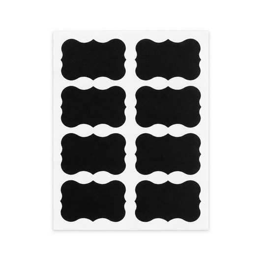Una hoja con 8 etiquetas negras tipo pizarra, sobre fondo blanco.