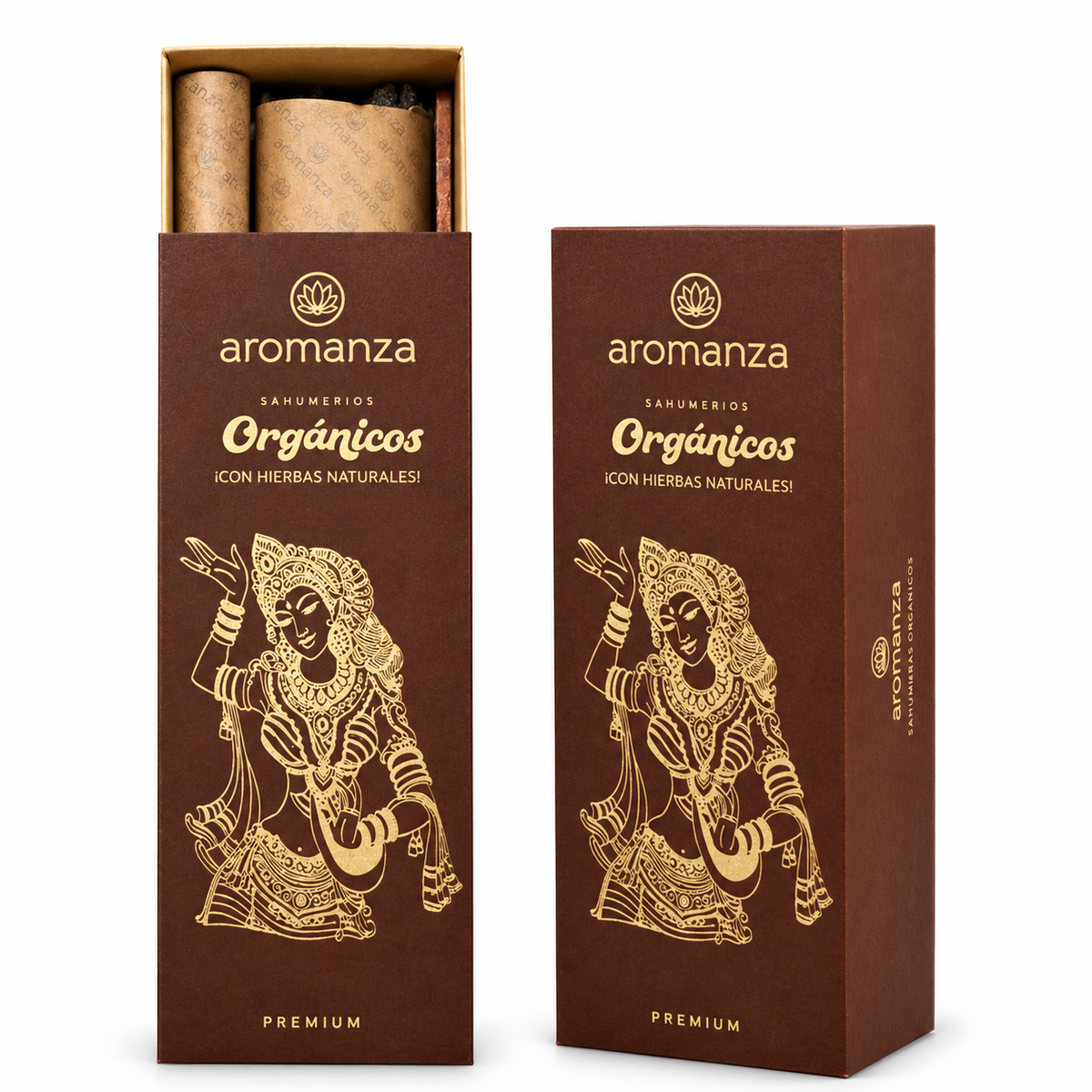 Kit de sahumerios Aromanza Orgánicos con caja marrón abierta y su cubierta