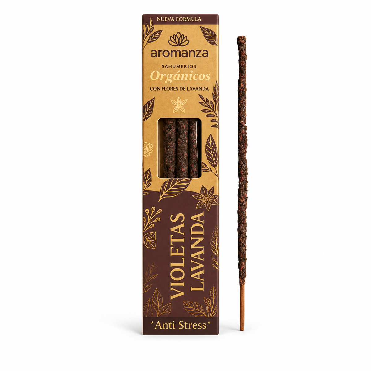 Sahumerios Aromanza Orgánicos Violetas Lavanda con caja y varilla