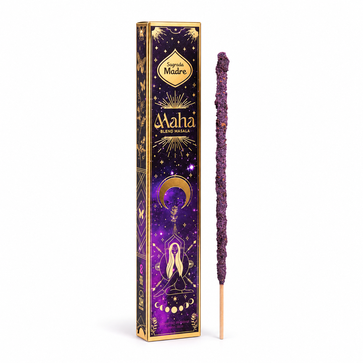 Incienso Sagrada Madre Maha Blend Masala con caja morada y una varilla