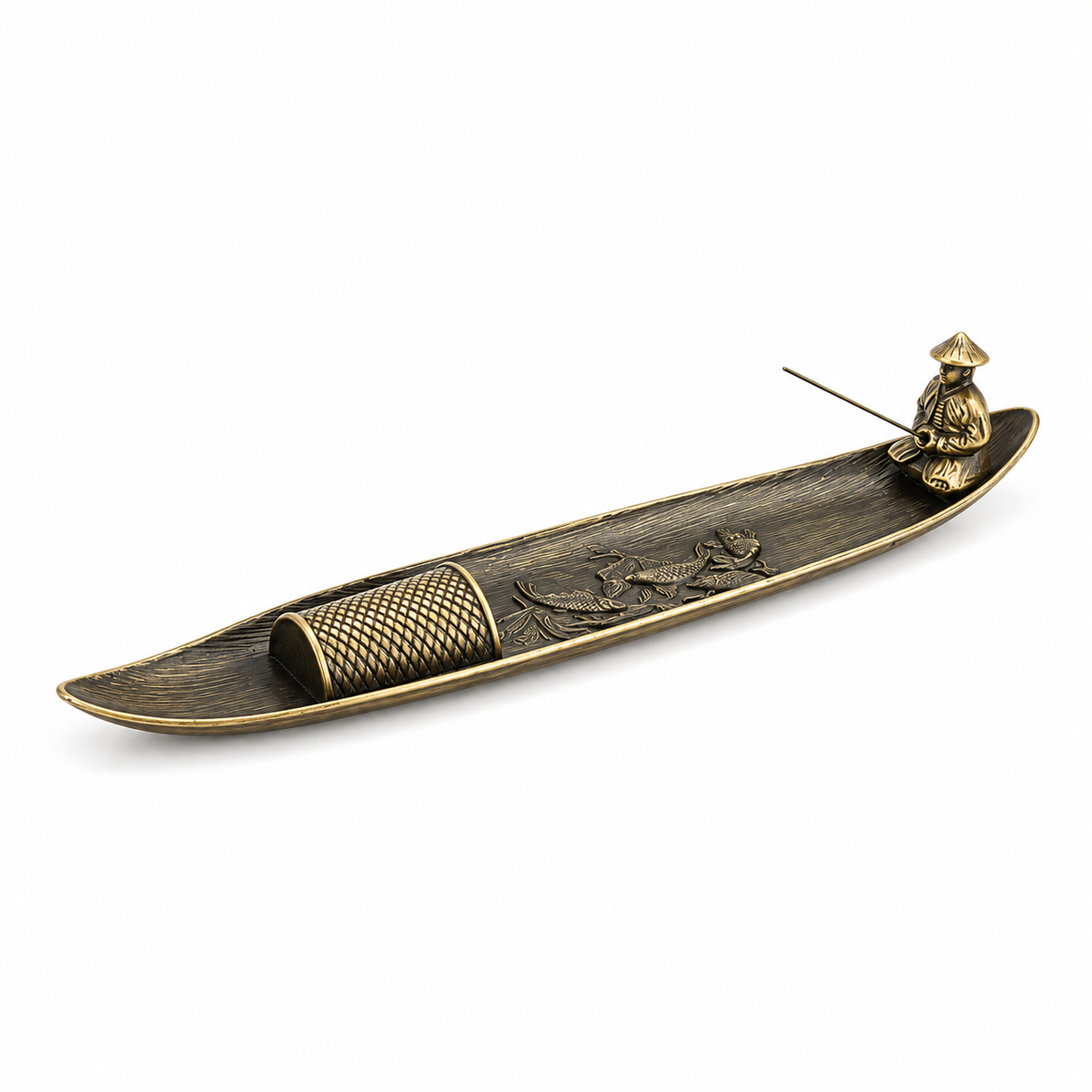 Quemador de incienso en forma de balsa con pescador y cesta en acabado bronce