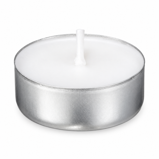 Vela de Té Unidad (color variado) · Individual Tealight Candle (various colors) — fotografía sobre fondo blanco