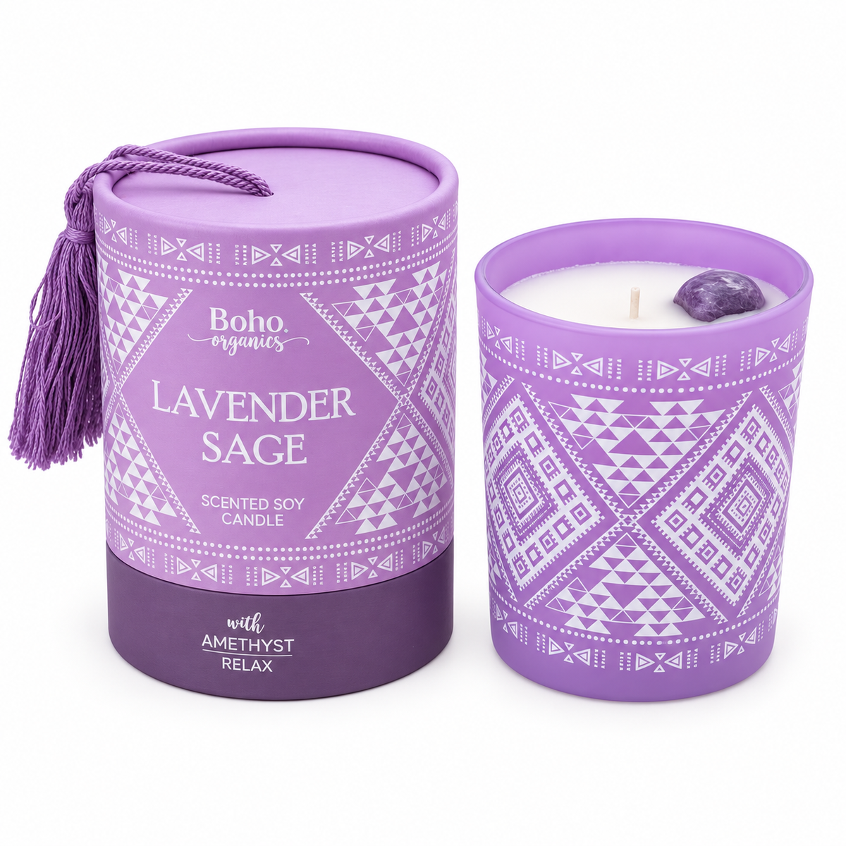 Vela Aromática Boho Organics 200g con Piedra Decorativa — fondo blanco