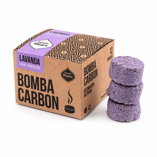 Bomba Carbón Sagrada Madre Lavanda: caja de 12 unidades con tres pastillas de muestra