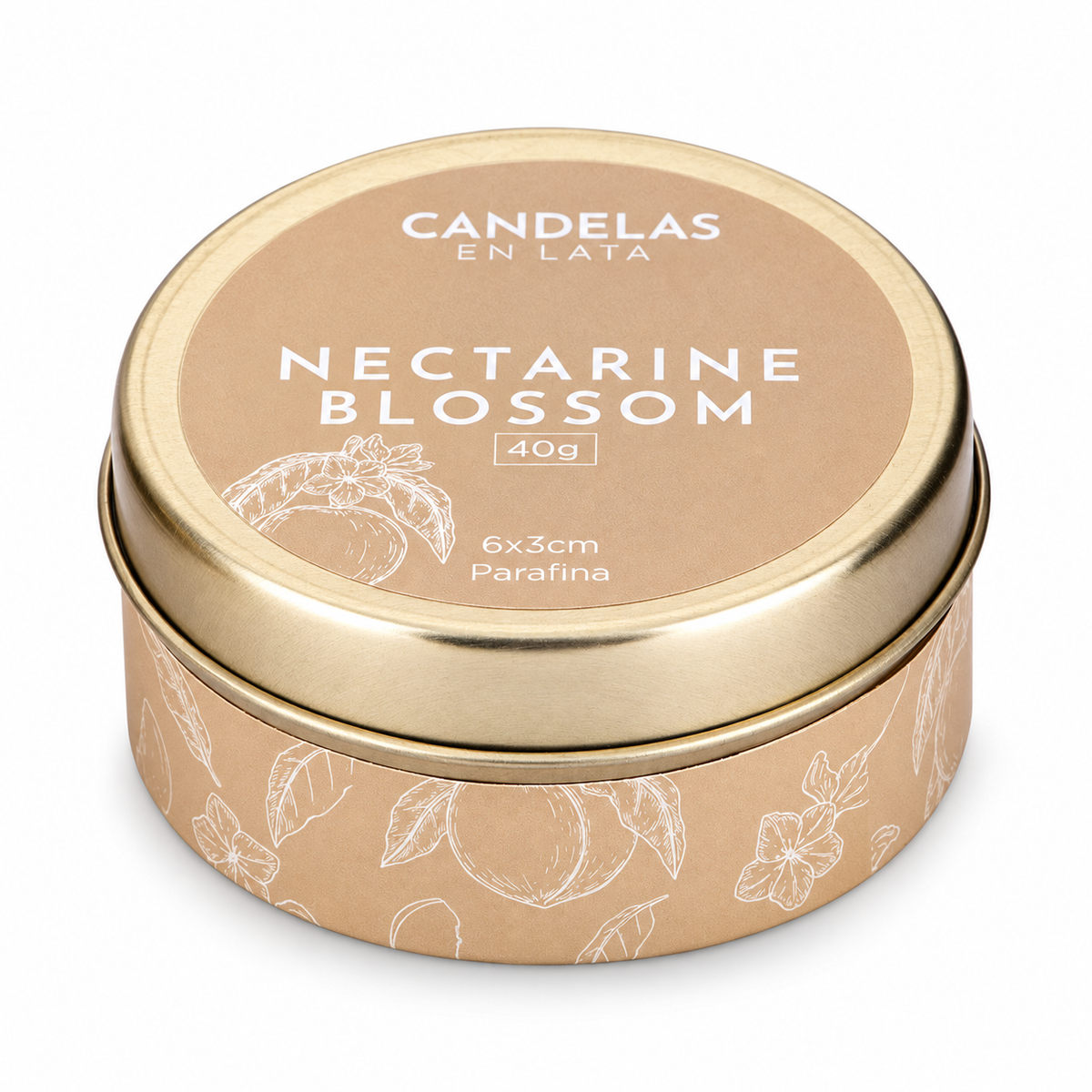 Candela aromática en lata de 40 g Nectarine Blossom con tapa dorada