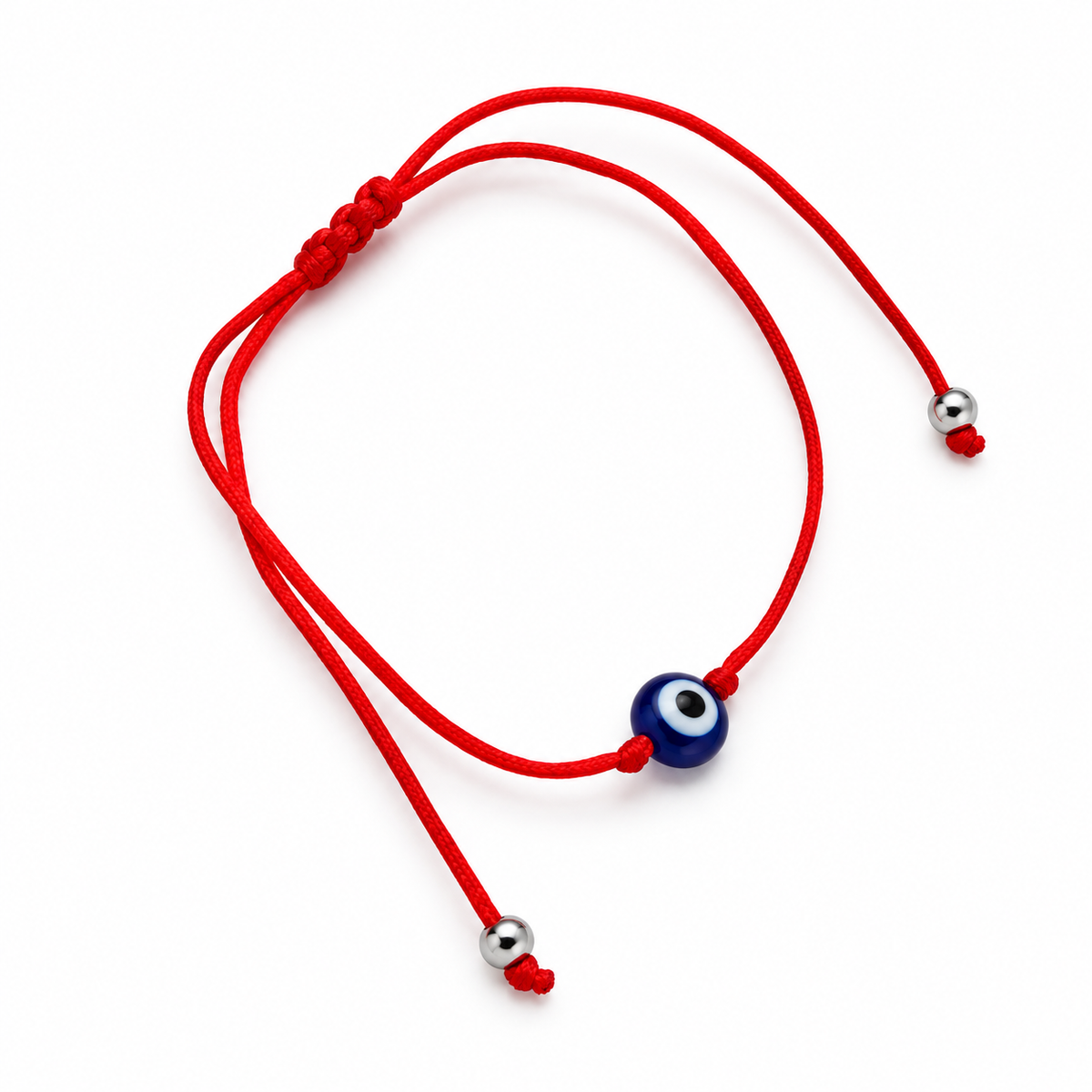 Pulsera de cordón rojo ajustable con cuenta azul de ojo turco y terminales plateadas