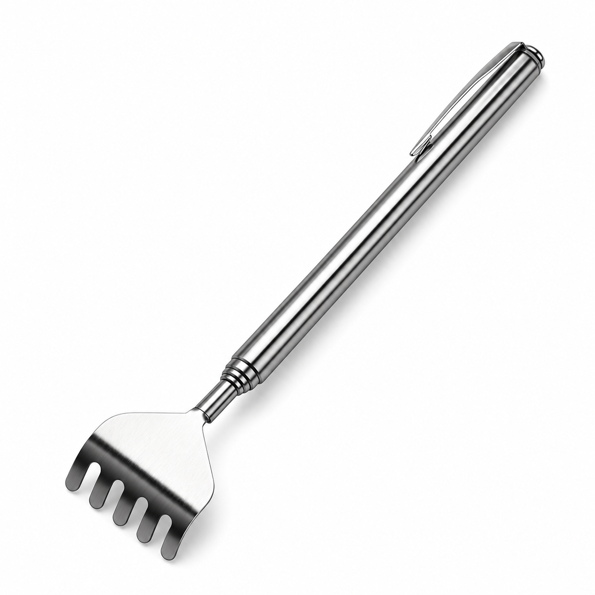 Rascador extensible plateado con cabezal de cinco dientes y clip