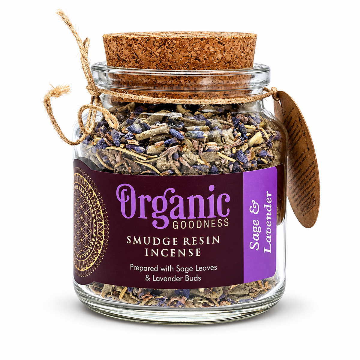 Resinas Organic Goodness Sage & Lavender en frasco de vidrio con tapa de corcho