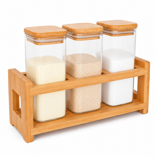 Organizador de bambú con tres frascos altos de vidrio y tapas de bambú, sobre fondo blanco.