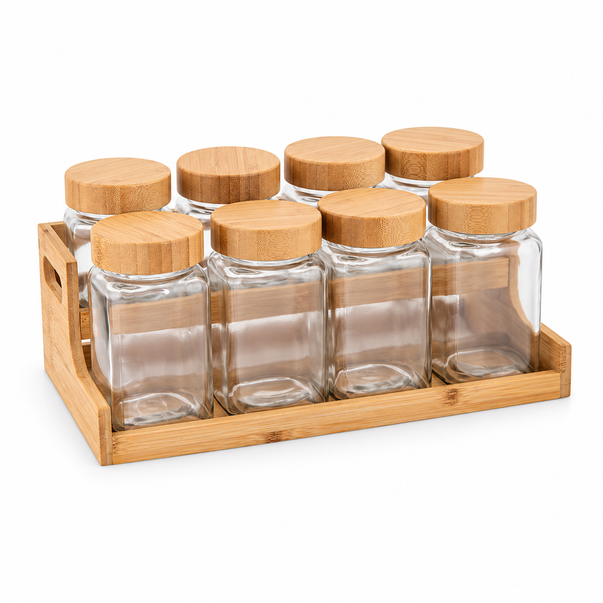 Especiero de bambú con ocho frascos de vidrio: cuatro de 300 ml y cuatro de 450 ml.