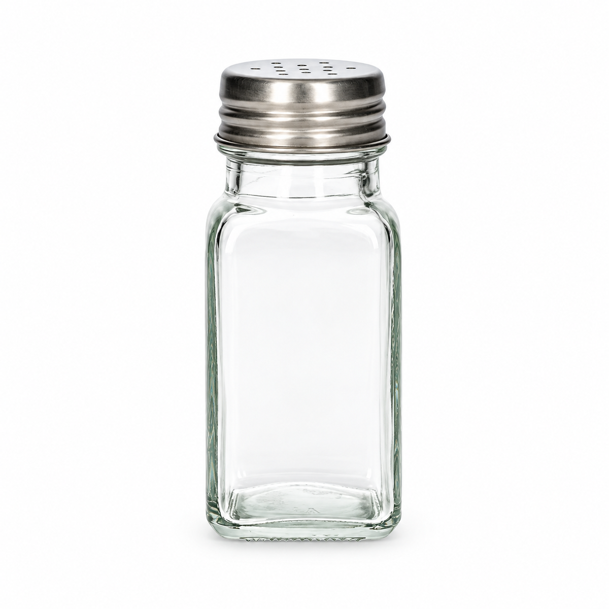 Frasco especiero mini de vidrio de 80 ml con tapa metálica perforada sobre fondo blanco.
