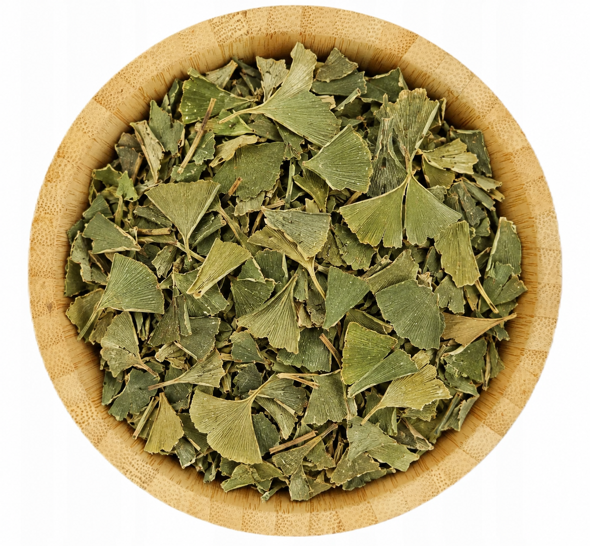 Hojas de ginkgo biloba en tazón de bambú