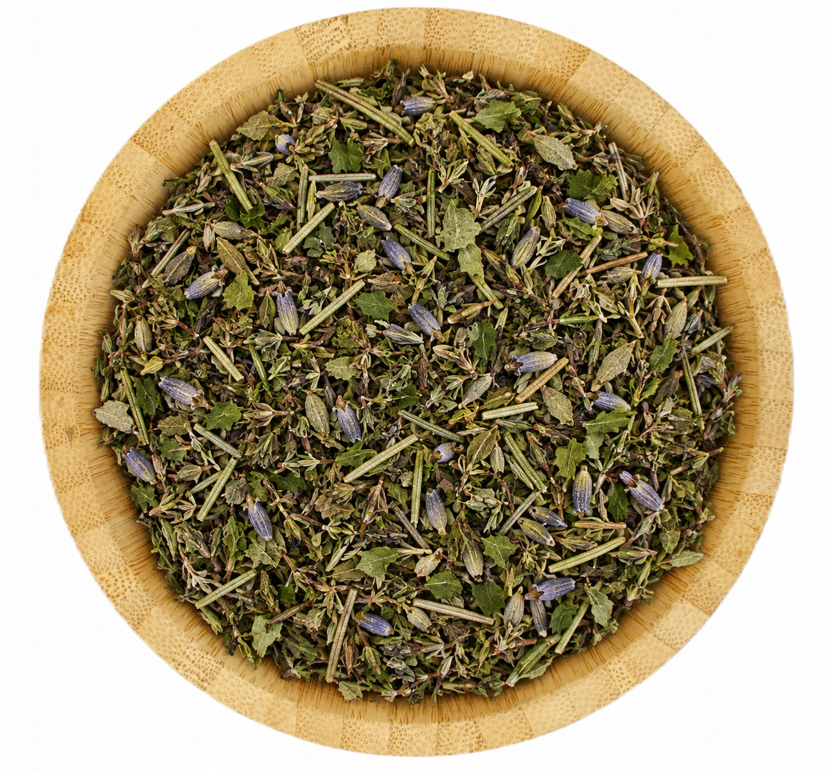 Hierbas de Provence con lavanda en tazón de bambú