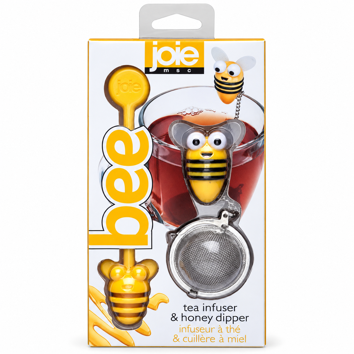 Set Joie de infusor de té y servidor de miel con diseño de abejita en su empaque original.