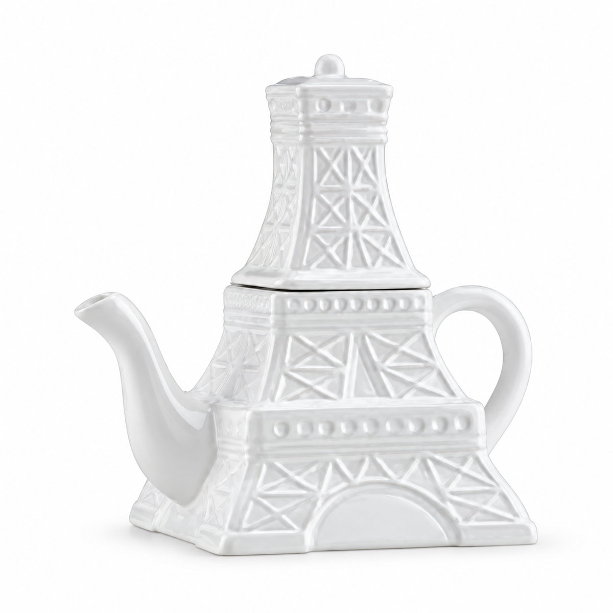 Juego de té de cerámica blanca con diseño de Torre Eiffel, presentado apilado.
