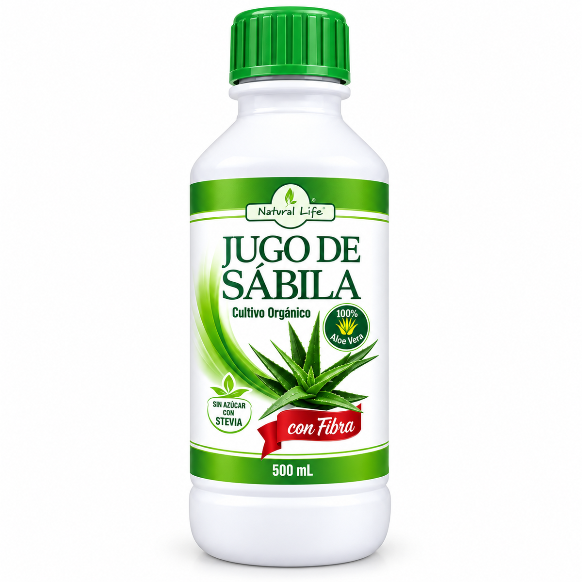 Jugo de sábila Natural Life con fibra y stevia, botella de 500 ml.
