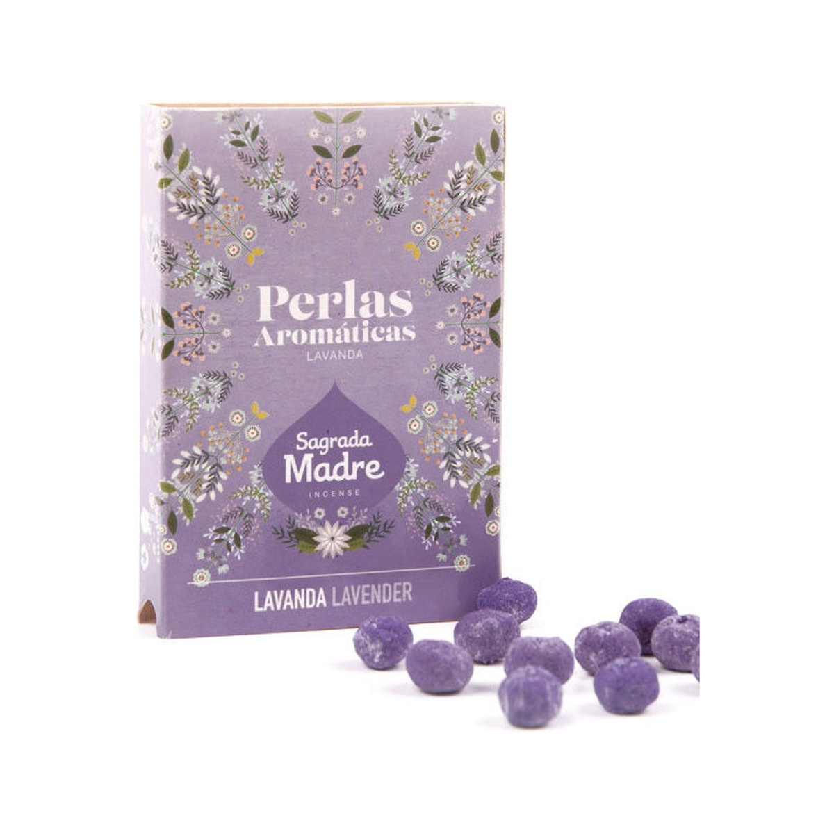 Perlas aromáticas · Lavanda sobre fondo blanco