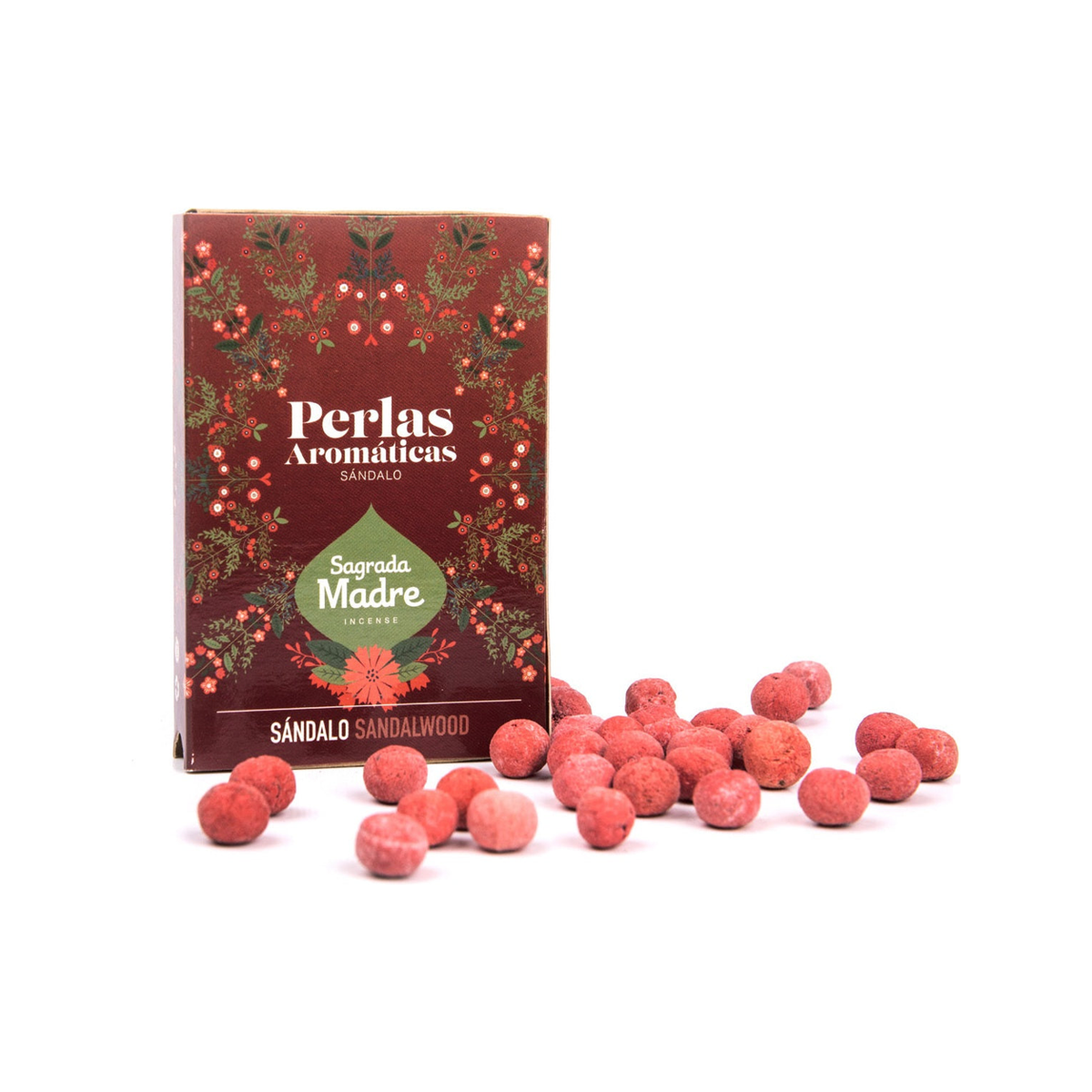 Perlas aromáticas · Sándalo sobre fondo blanco