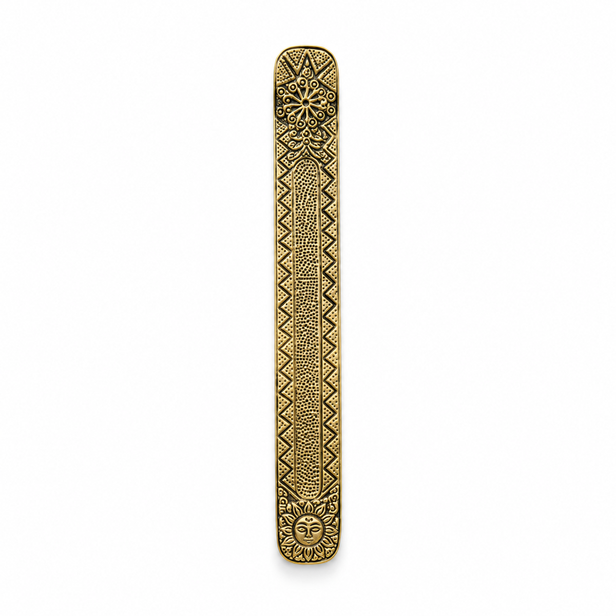 Quemador de incienso metálico con diseño de sol, acabado dorado